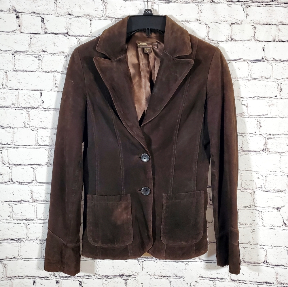Just Jeans Smart & Warm Chocolate Brown Genuine Suede Jacket Buttons Size 8 VTG